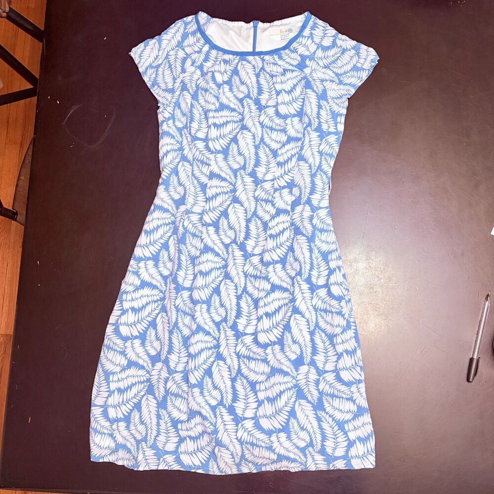 Boden Dress Size 4 botanical print Blue Cream Lined Cap Sleeve Missing Belt - Picture 3 of 14